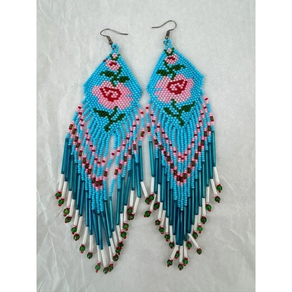 Long Floral Beaded Fringe Earrings Turquoise Pink Rose Statement Earrings